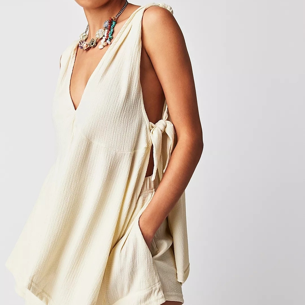 Free People Cream V-Neck Top with Side Ties